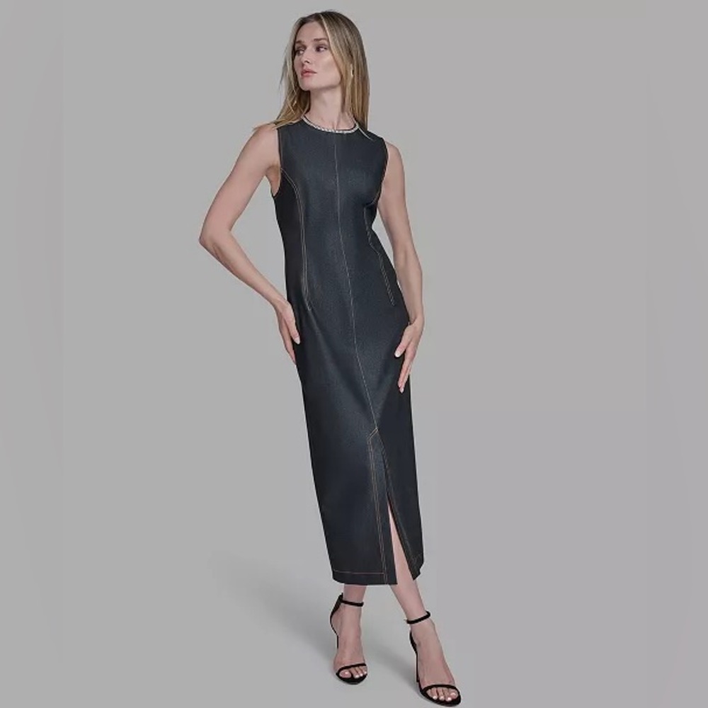 NEW BCBG Rhinestone Applique Sleeveless Dark Denim Dress size 4 NWT - Picture 2 of 15